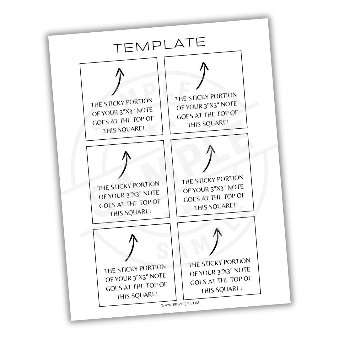 Sheet of paper with instructions for using a 3x3 sticky note template.