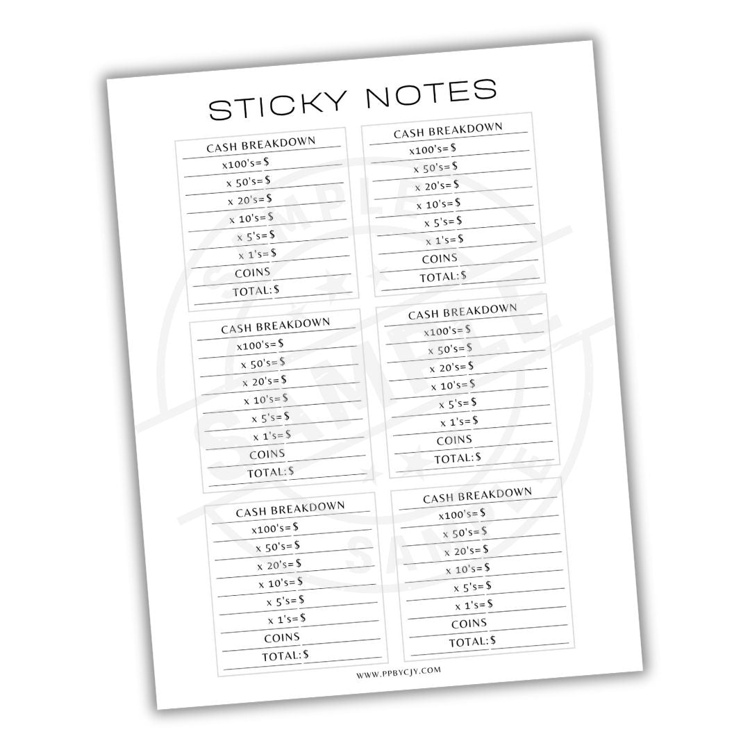 Sheet of sticky notes with cash breakdowns printed on it.