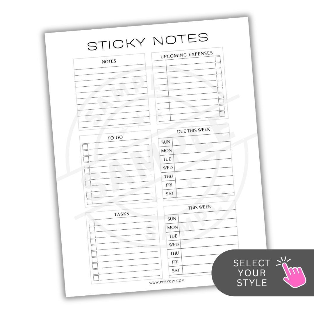 Sticky notes sheet with planner-style design on a white background