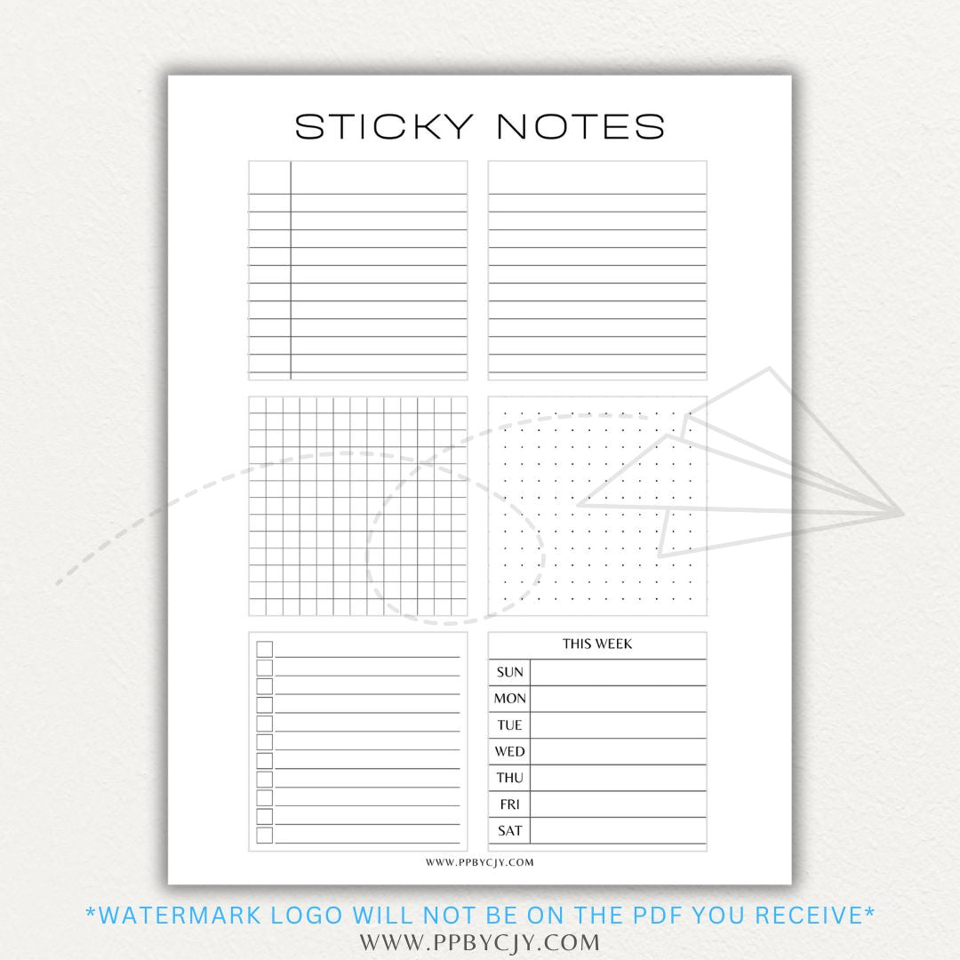 Sticky note printable PDF template designed for printing custom sticky notes with reminders, to-do lists, and notes for planners or journals.

