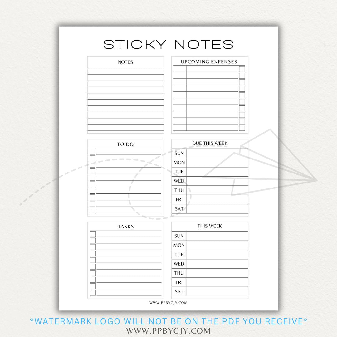 Sticky note printable PDF template designed for printing custom sticky notes with reminders, to-do lists, and notes for planners or journals.

