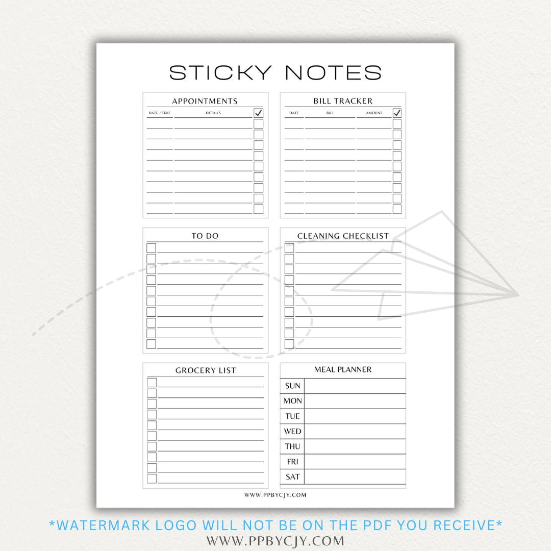 Sticky note printable PDF template designed for printing custom sticky notes with reminders, to-do lists, and notes for planners or journals.

