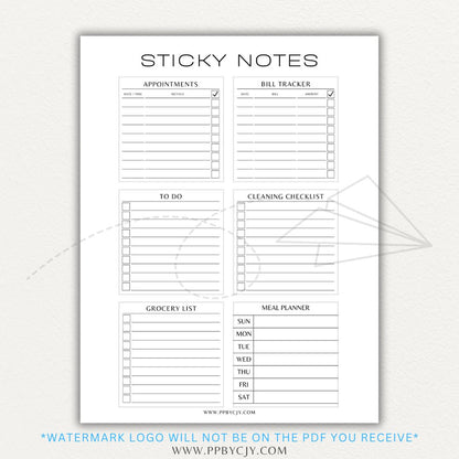 Sticky note printable PDF template designed for printing custom sticky notes with reminders, to-do lists, and notes for planners or journals.

