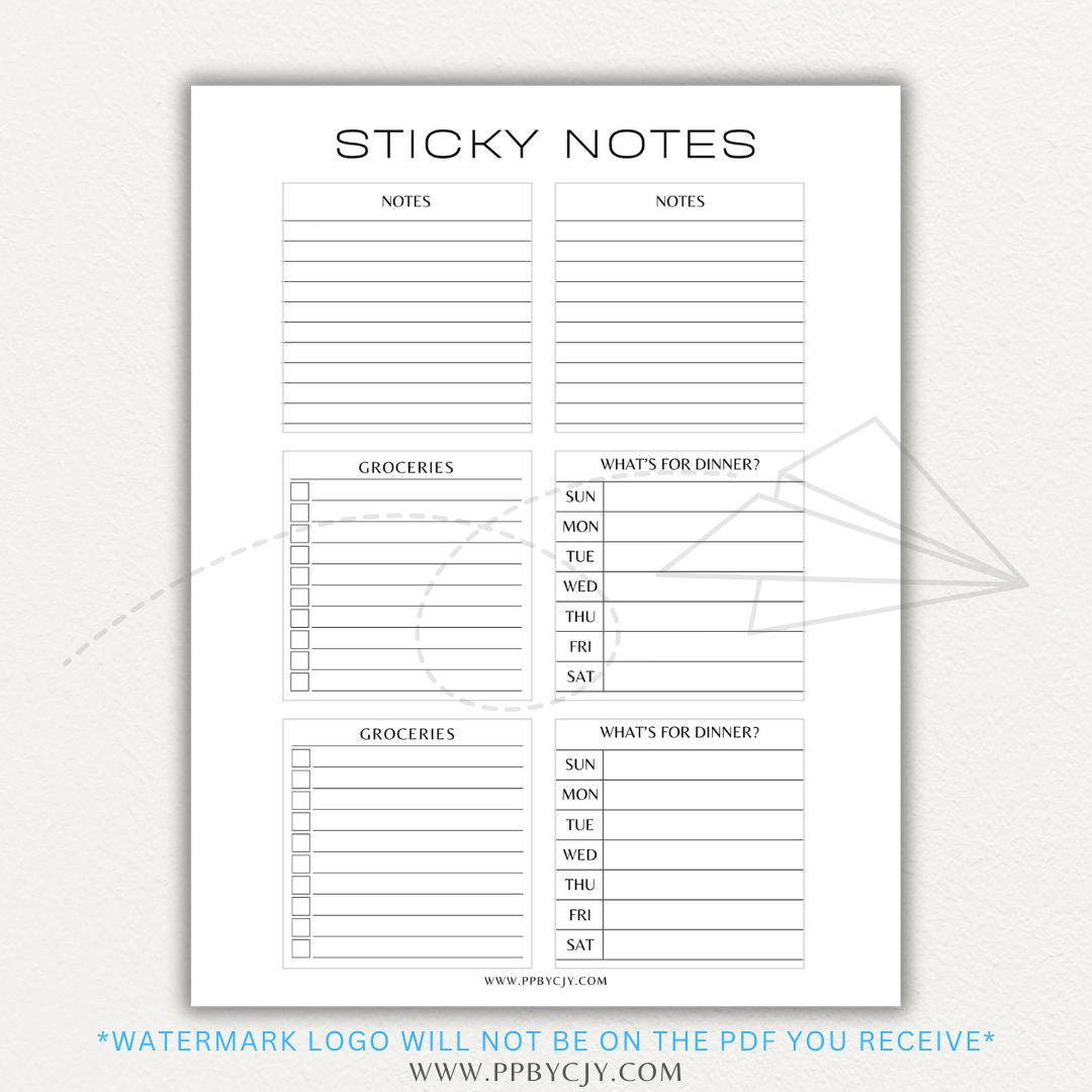 Sticky note printable PDF template designed for printing custom sticky notes with reminders, to-do lists, and notes for planners or journals.

