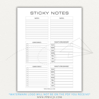 Sticky note printable PDF template designed for printing custom sticky notes with reminders, to-do lists, and notes for planners or journals.

