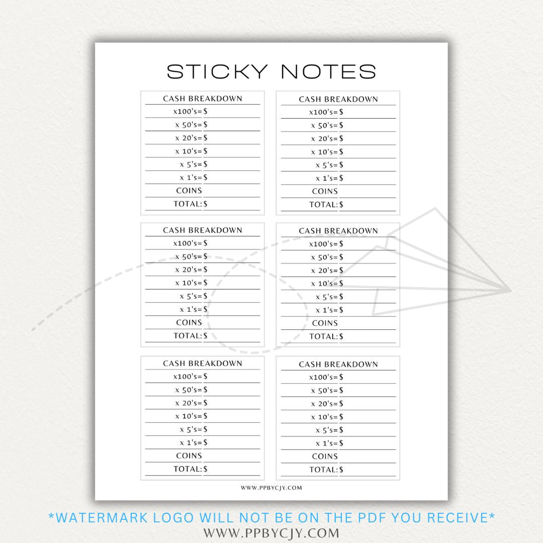 Sticky note printable PDF template designed for printing custom sticky notes with reminders, to-do lists, and notes for planners or journals.

