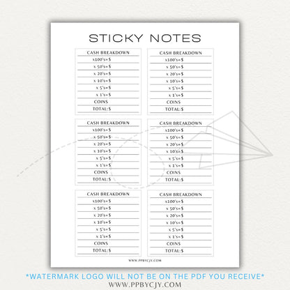 Sticky note printable PDF template designed for printing custom sticky notes with reminders, to-do lists, and notes for planners or journals.

