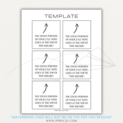 Sticky note printable PDF template designed for printing custom sticky notes with reminders, to-do lists, and notes for planners or journals.

