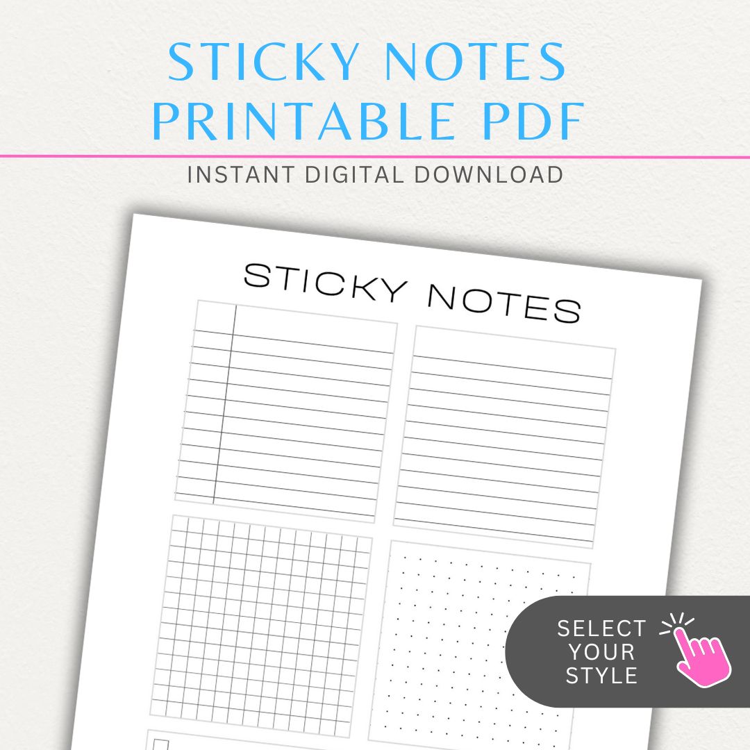 Sticky note printable PDF template designed for printing custom sticky notes with reminders, to-do lists, and notes for planners or journals.

