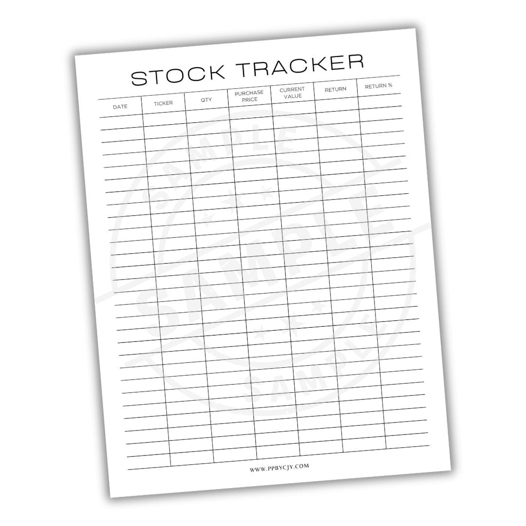 Stock tracker sheet with columns for date, ticker, quantity, purchase price, current value, and return.