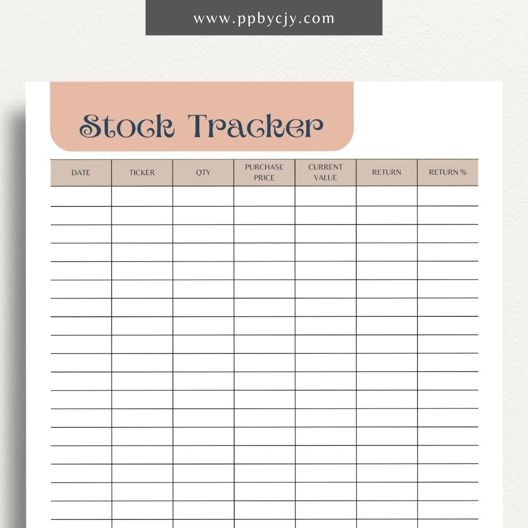 Stock Tracker Printable Template – Digital download for monitoring and managing stock investments, including purchase details, prices, and performance