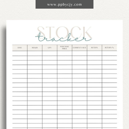 Stock Tracker Printable Template – Digital download for monitoring and managing stock investments, including purchase details, prices, and performance