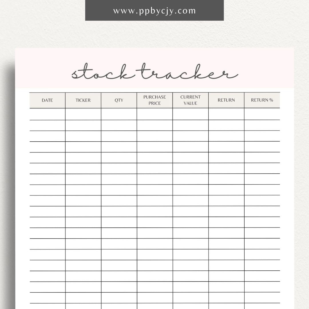 Stock Tracker Printable Template – Digital download for monitoring and managing stock investments, including purchase details, prices, and performance