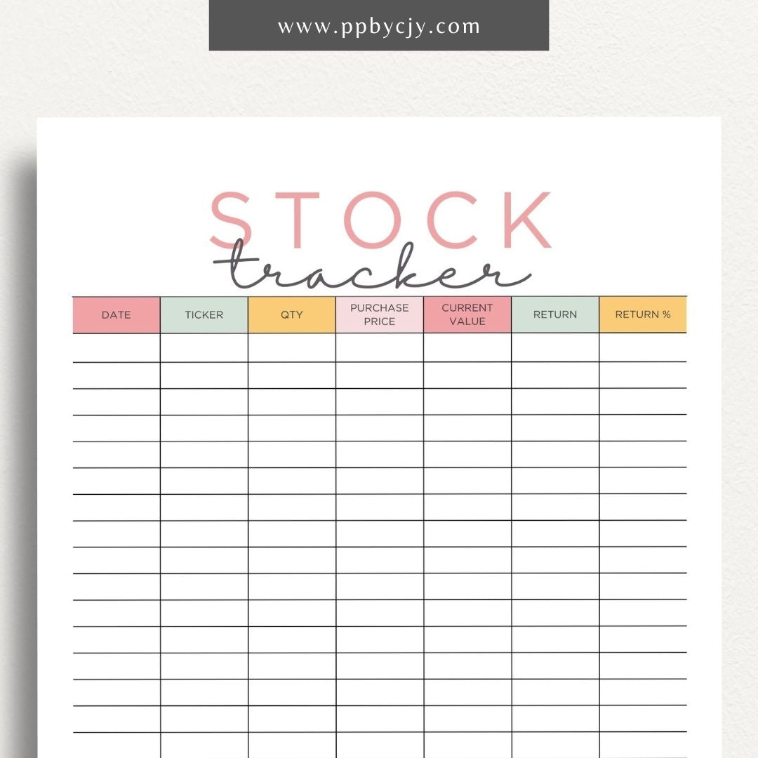 Stock Tracker Printable Template – Digital download for monitoring and managing stock investments, including purchase details, prices, and performance