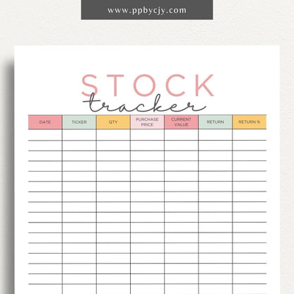 Stock Tracker Printable Template – Digital download for monitoring and managing stock investments, including purchase details, prices, and performance