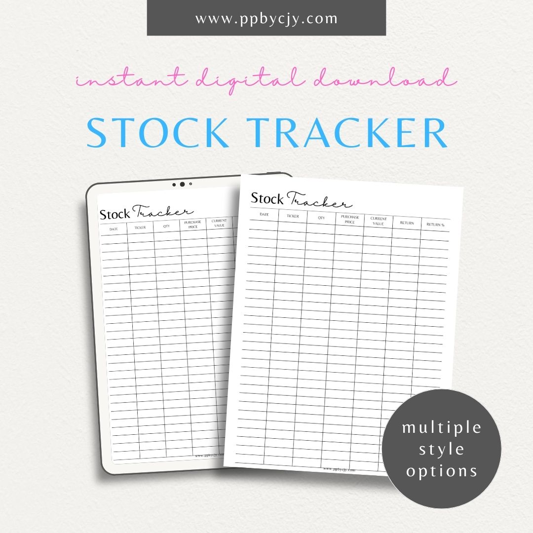 Stock Tracker Printable Template – Digital download for monitoring and managing stock investments, including purchase details, prices, and performance