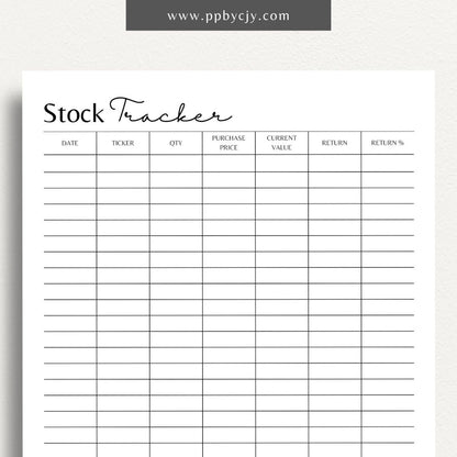 Stock Tracker Printable Template – Digital download for monitoring and managing stock investments, including purchase details, prices, and performance