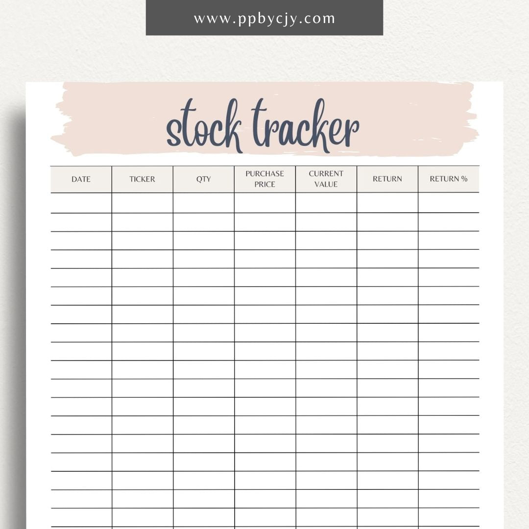 Stock Tracker Printable Template – Digital download for monitoring and managing stock investments, including purchase details, prices, and performance