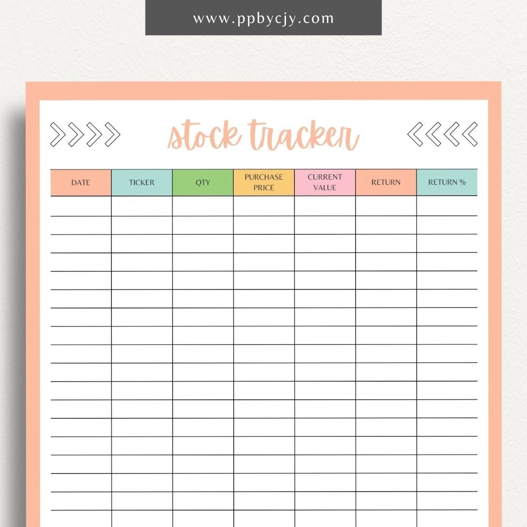 Stock Tracker Printable Template – Digital download for monitoring and managing stock investments, including purchase details, prices, and performance