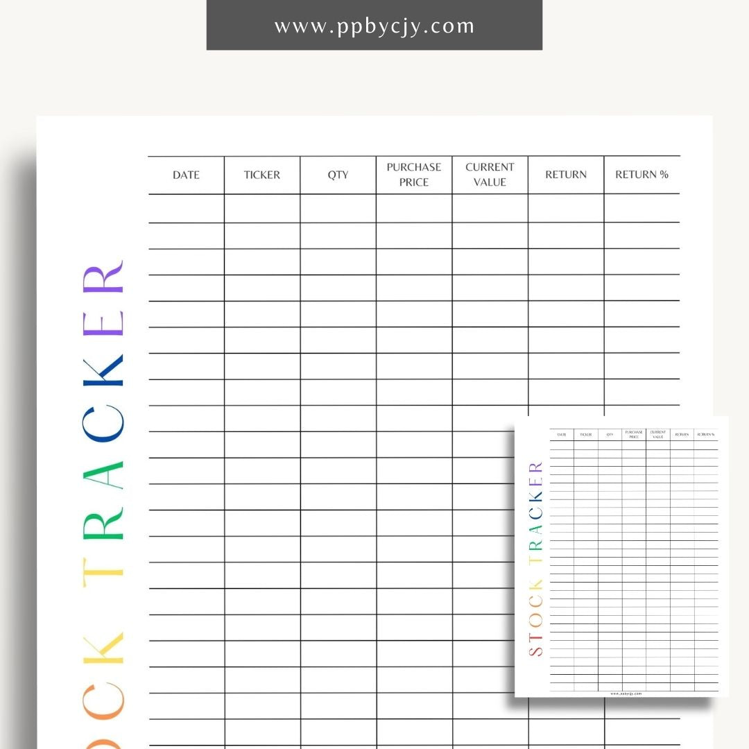 Stock Tracker Printable Template – Digital download for monitoring and managing stock investments, including purchase details, prices, and performance