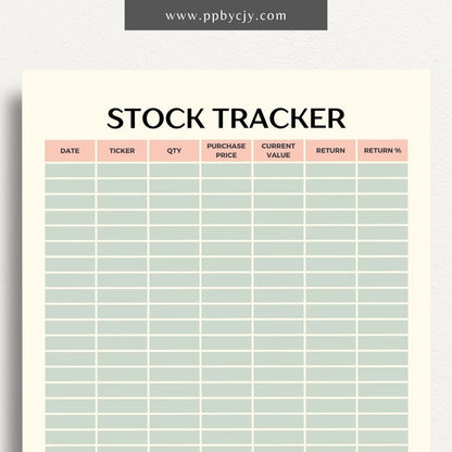 Stock Tracker Printable Template – Digital download for monitoring and managing stock investments, including purchase details, prices, and performance