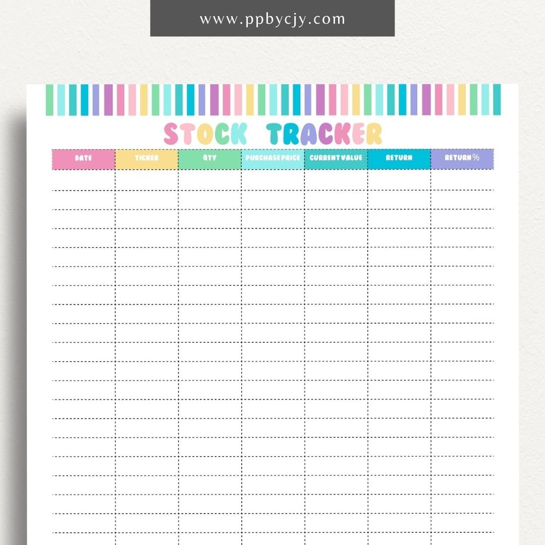 Stock Tracker Printable Template – Digital download for monitoring and managing stock investments, including purchase details, prices, and performance