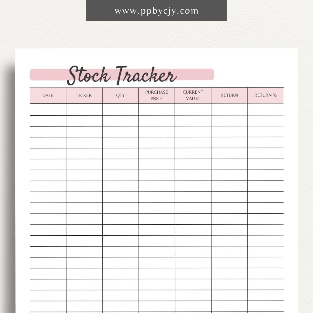 Stock Tracker Printable Template – Digital download for monitoring and managing stock investments, including purchase details, prices, and performance