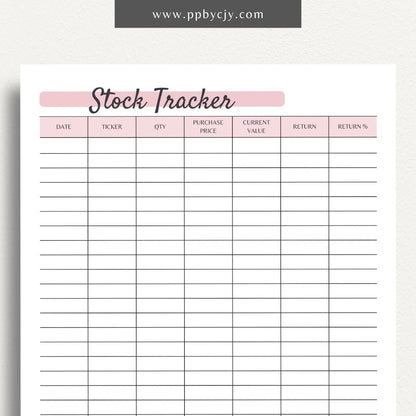 Stock Tracker Printable Template – Digital download for monitoring and managing stock investments, including purchase details, prices, and performance