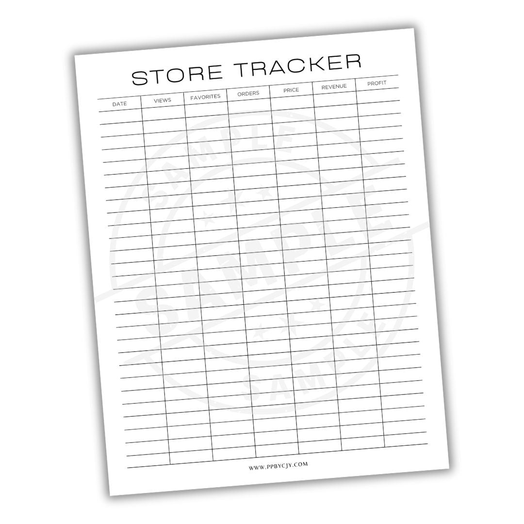 Store Tracker sheet with columns for date, items, favorites, orders, price, revenue, and profit on a white background.