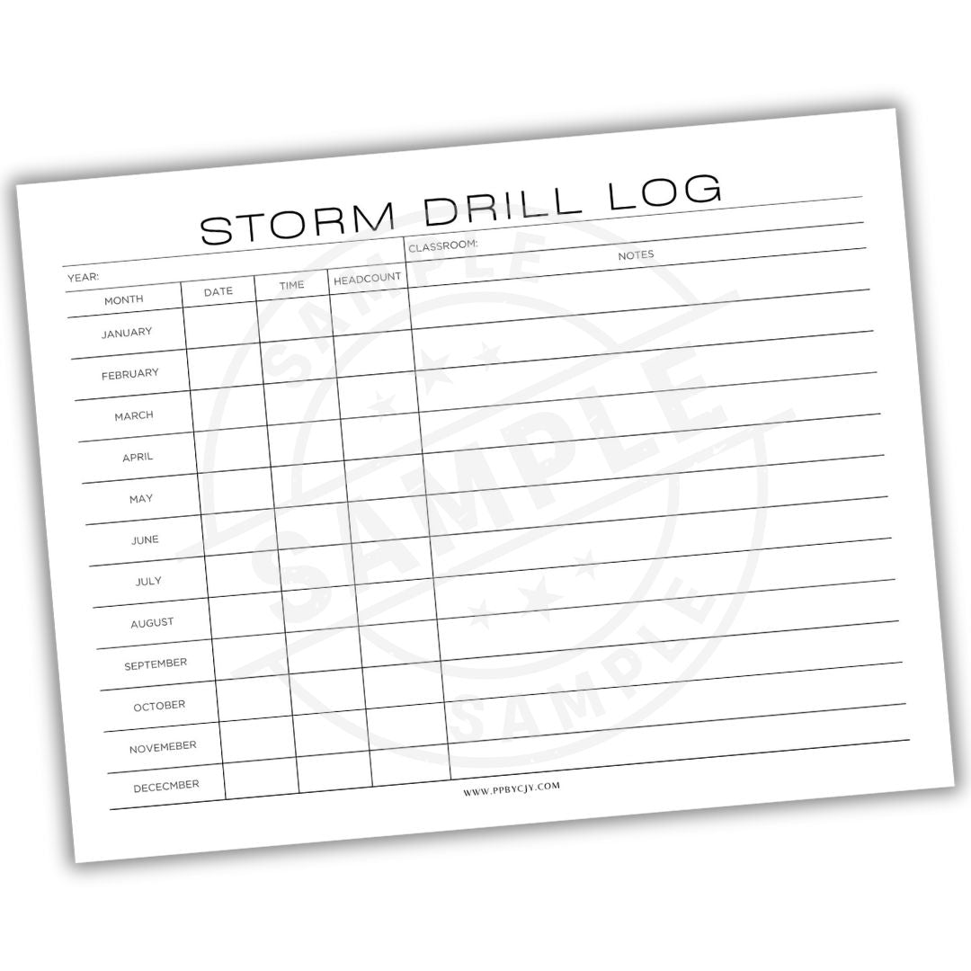 Storm drill log sheet with a white background