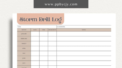 Storm Drill Log Printable Template – Digital download for recording and tracking storm drill practices, including dates, times, procedures, and outcomes