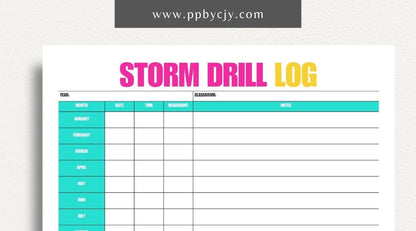 Storm Drill Log Printable Template – Digital download for recording and tracking storm drill practices, including dates, times, procedures, and outcomes