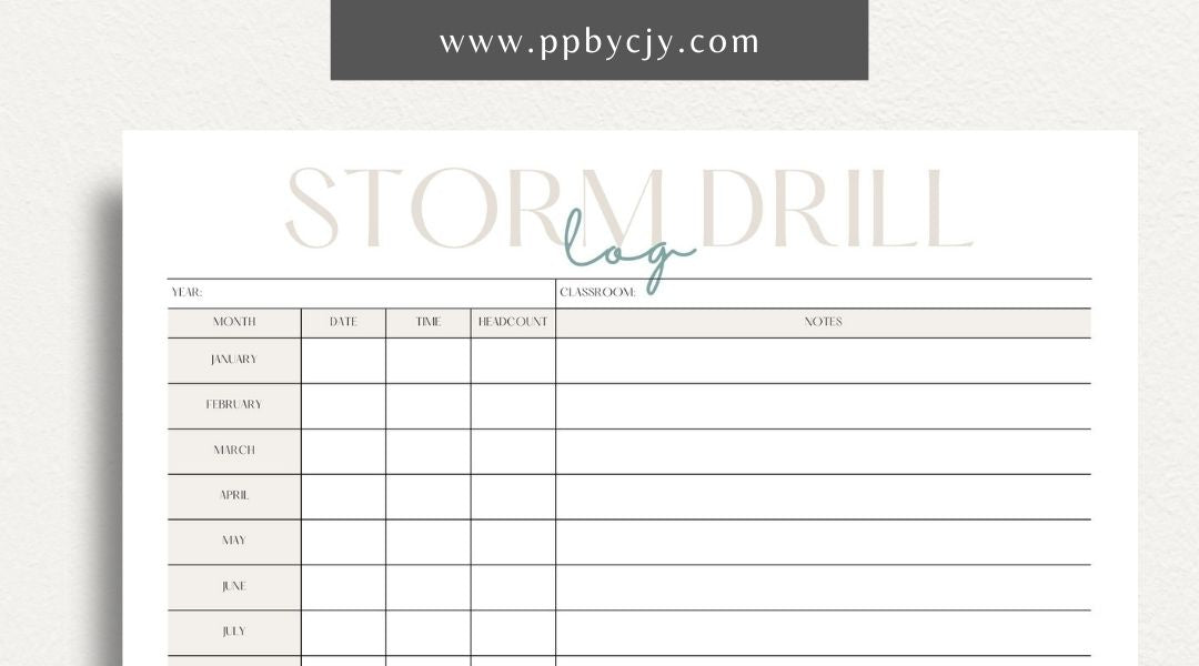 Storm Drill Log Printable Template – Digital download for recording and tracking storm drill practices, including dates, times, procedures, and outcomes