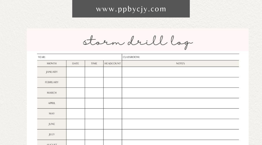 Storm Drill Log Printable Template – Digital download for recording and tracking storm drill practices, including dates, times, procedures, and outcomes