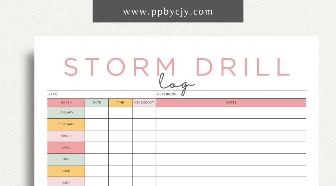 Storm Drill Log Printable Template – Digital download for recording and tracking storm drill practices, including dates, times, procedures, and outcomes