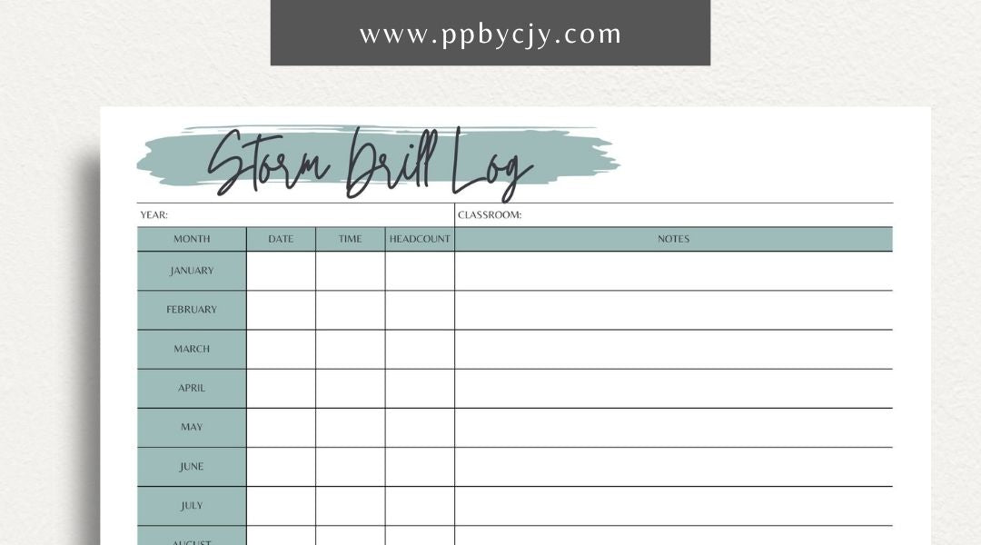 Storm Drill Log Printable Template – Digital download for recording and tracking storm drill practices, including dates, times, procedures, and outcomes