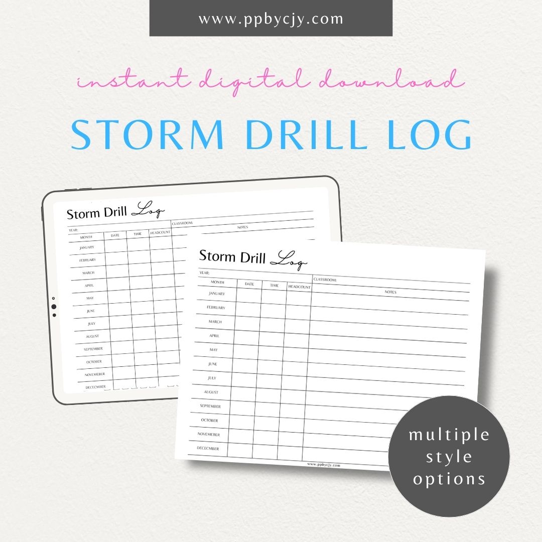 Storm Drill Log Printable Template – Digital download for recording and tracking storm drill practices, including dates, times, procedures, and outcomes