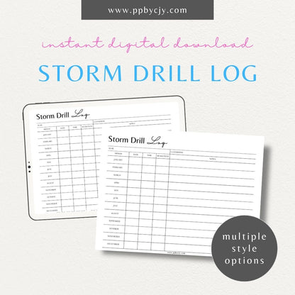 Storm Drill Log Printable Template – Digital download for recording and tracking storm drill practices, including dates, times, procedures, and outcomes