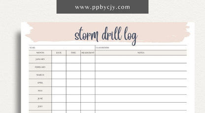 Storm Drill Log Printable Template – Digital download for recording and tracking storm drill practices, including dates, times, procedures, and outcomes