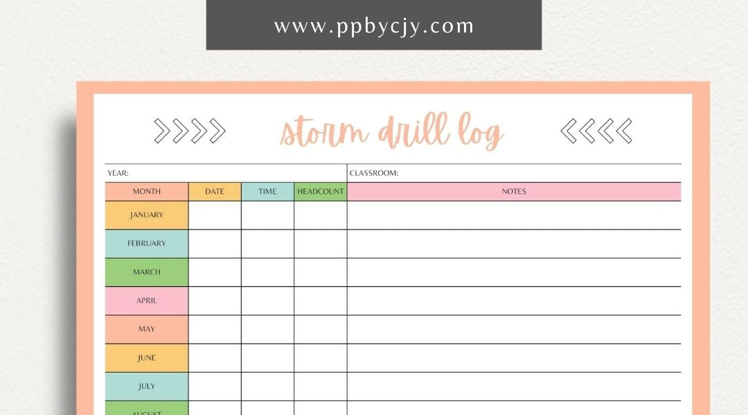 Storm Drill Log Printable Template – Digital download for recording and tracking storm drill practices, including dates, times, procedures, and outcomes