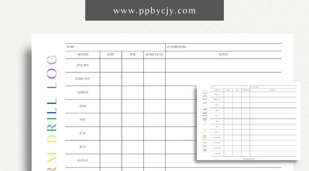 Storm Drill Log Printable Template – Digital download for recording and tracking storm drill practices, including dates, times, procedures, and outcomes