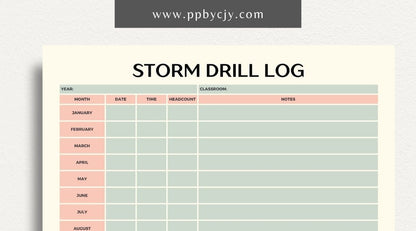 Storm Drill Log Printable Template – Digital download for recording and tracking storm drill practices, including dates, times, procedures, and outcomes