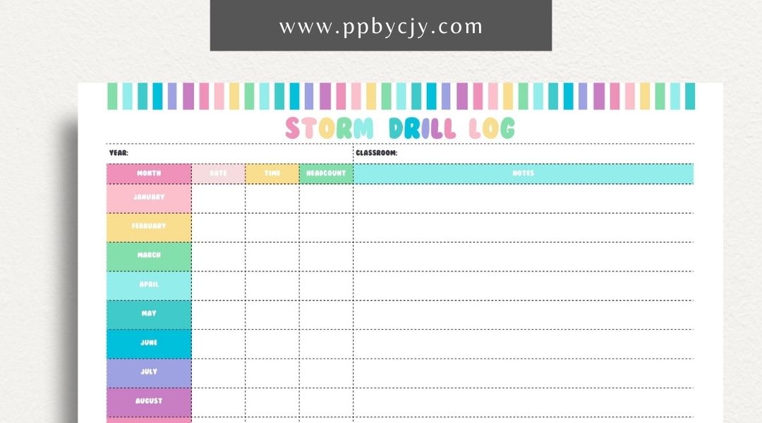 Storm Drill Log Printable Template – Digital download for recording and tracking storm drill practices, including dates, times, procedures, and outcomes