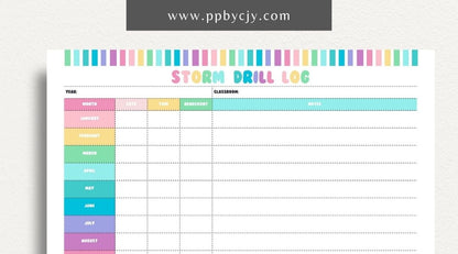 Storm Drill Log Printable Template – Digital download for recording and tracking storm drill practices, including dates, times, procedures, and outcomes