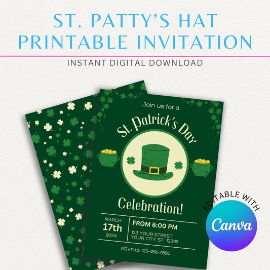 St. Patrick’s Day invitation featuring a leprechaun hat, shamrocks, and festive Irish design.

