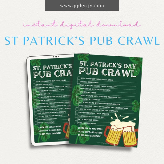 Printable St. Patrick’s Day Pub Crawl Challenge with fun tasks and dares for a festive bar hopping experience.

