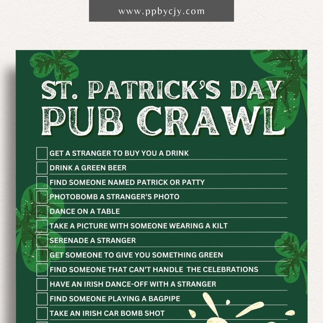 Printable St. Patrick’s Day Pub Crawl Challenge with fun tasks and dares for a festive bar hopping experience.

