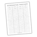 Streaming tracker sheet with columns for service, to watch, to skip, and to watch.