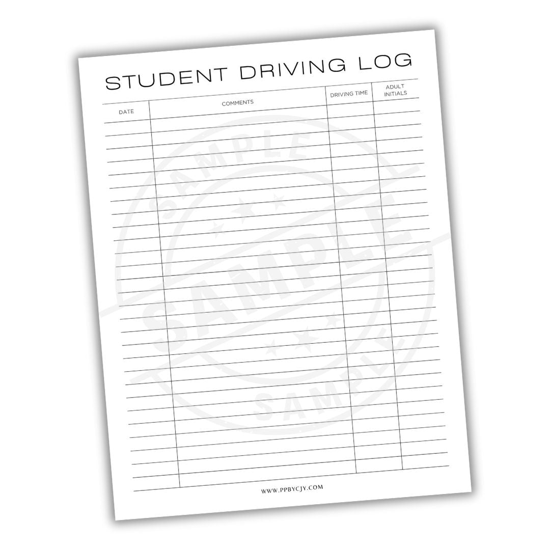 Student driving log sheet on a white background