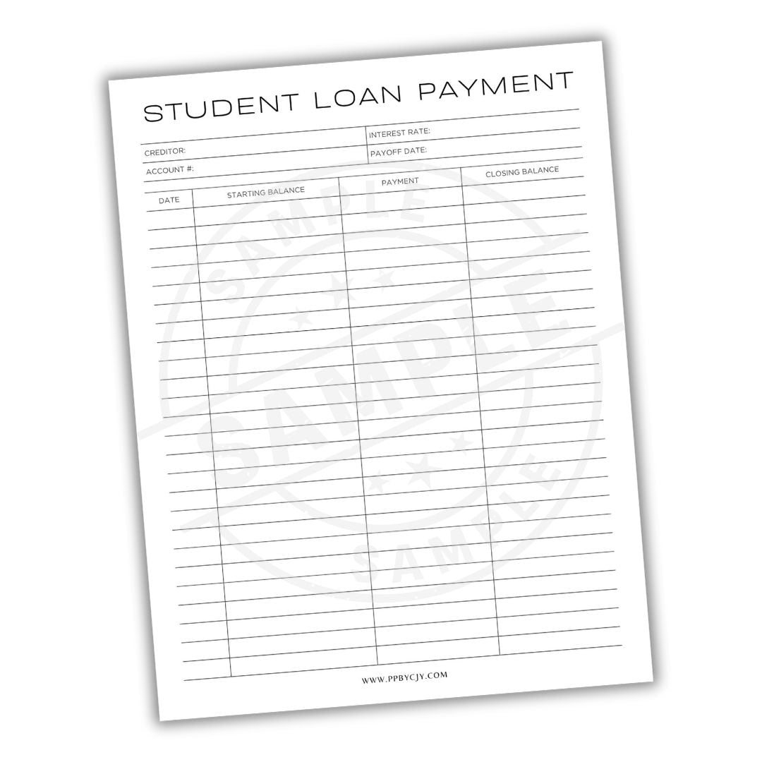 Student loan payment tracking sheet on a white background